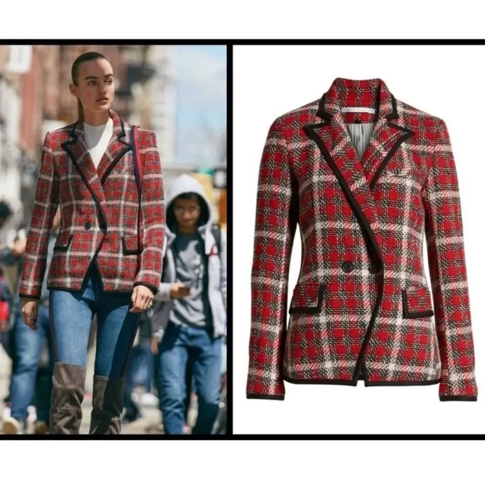 NWT VERONICA BEARD HARRIET CUTAWAY DICKEY BLAZER JACKET PLAID CHECK TWEED RED 8 - Picture 1 of 15